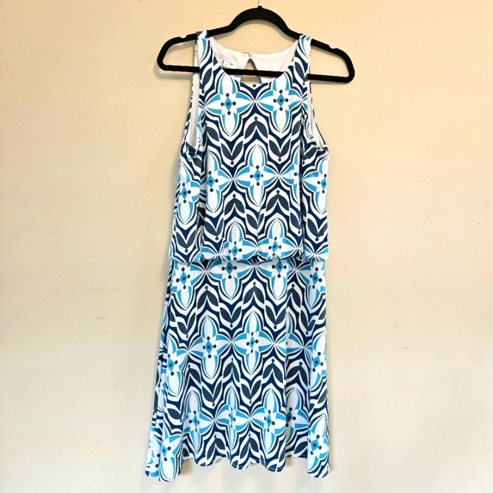 London Times Petites Womens Sz 8P Blue White Teal Knee Length Geometric Dress